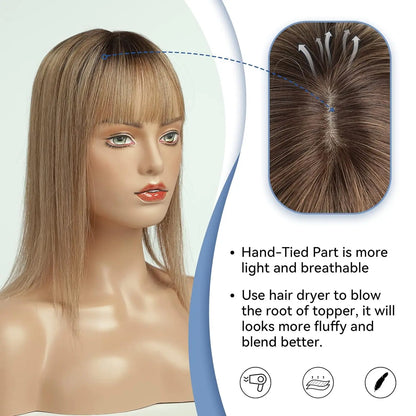 10" Brown Ombre Remy Human Hair Topper – Straight with Bangs, Silk Base, Clip-In Extension for Women