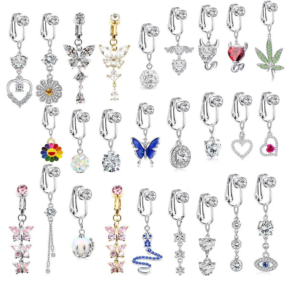 Faux Butterfly Leaves Belly Piercing – Dangling Clip-On Fake Navel & Cartilage Earring for Umbilical Piercing
