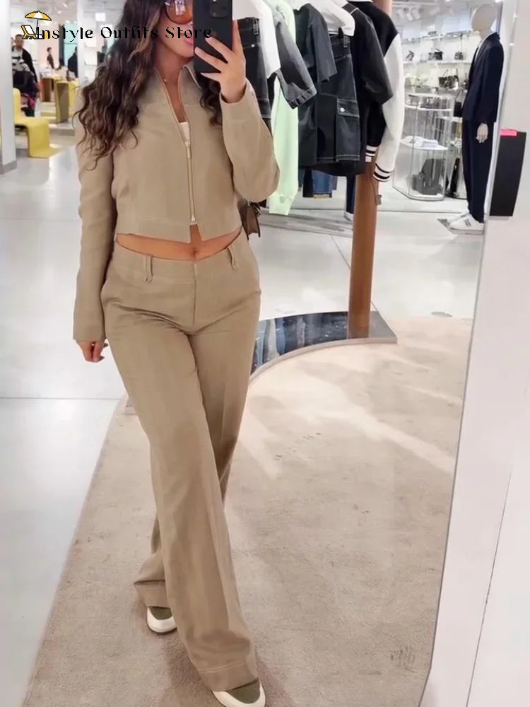 Women’s Cotton Linen Trousers Set — Casual Lapel Crop Top & Straight Pants Streetwear Spring Autumn Outfit