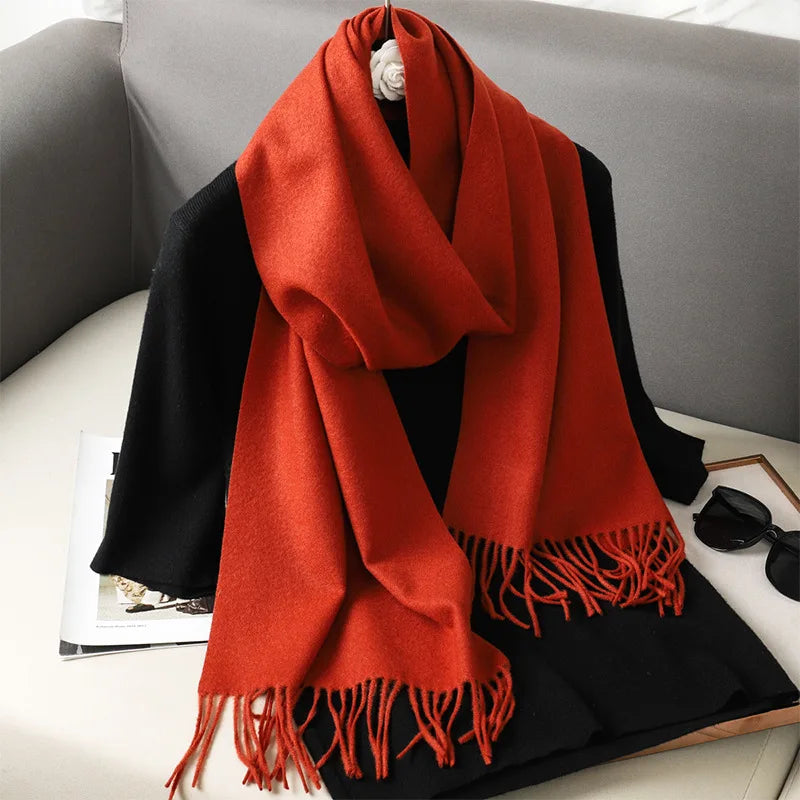 62-Color Solid Women’s Winter Scarf — Thick Warm Cashmere Pashmina Shawl with Tassels, Outdoor Luxury Wrap, Windproof Fashion Scarf