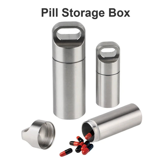 Stainless Steel Mini Pill Storage Box — S/M/L Waterproof Medicine Case with Keychain Seal Rings, Portable First Aid & Camping Pendant