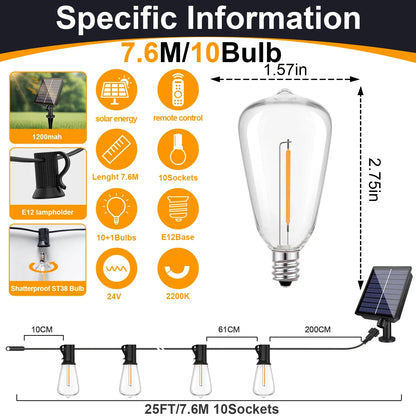 Solar Globe LED String Lights G40 — USB Rechargeable, 8 Modes Remote-Control Patio & Garden Hanging Lights, Weatherproof