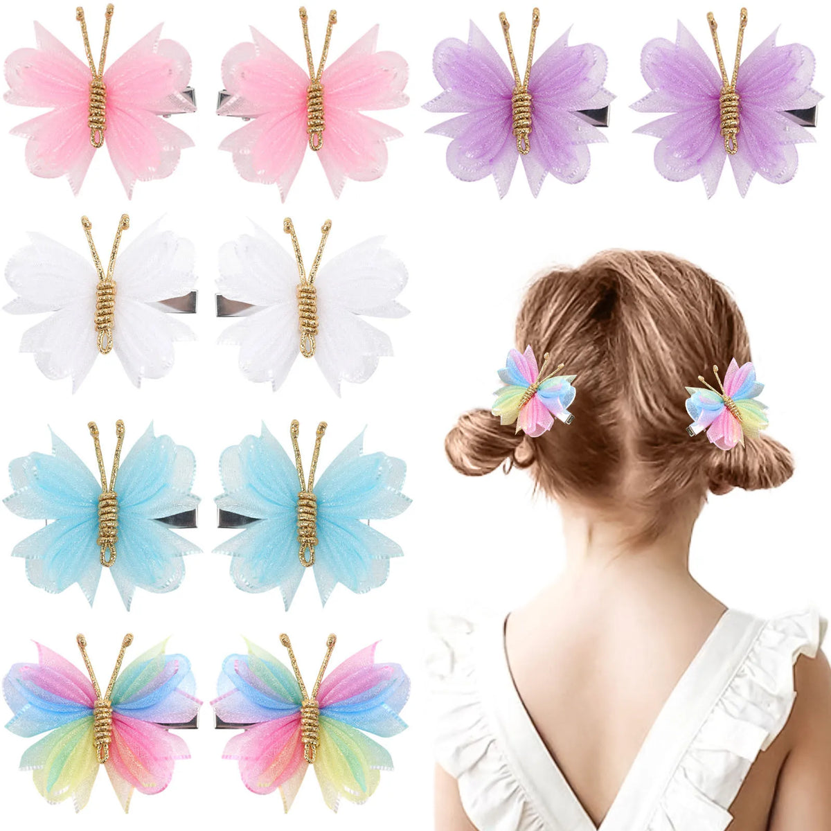 Butterfly Hair Clips with Gold Flocking - 2-Piece Gradient Gauze Hairpins for Girls