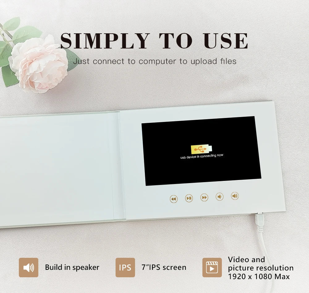 Luxury Linen Video Book Album – 7” IPS Wedding Video Player Book | 4GB Memory, Up to 3 Hours Video, Rechargeable Digital Photo & Video Album Gift