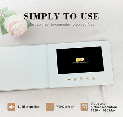 Luxury Linen Video Book Album – 7” IPS Wedding Video Player Book | 4GB Memory, Up to 3 Hours Video, Rechargeable Digital Photo & Video Album Gift