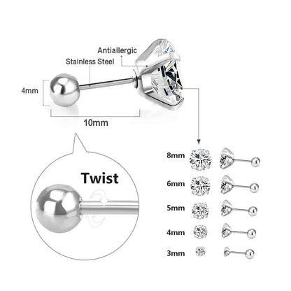 LUXUSTEEL Stainless Steel Crystal Stud Earrings –  4-Prong Cubic Zirconia Round Tragus Earrings for Women & Men