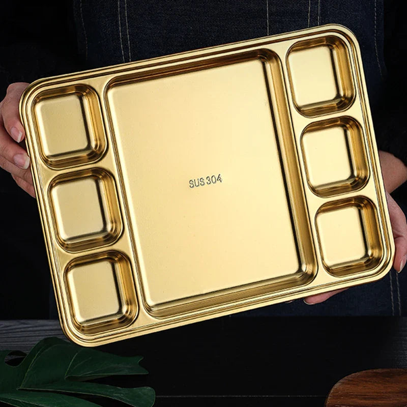Gold Stainless Steel Divided Dining Plate – Compartment Food Serving Tray Kitchen Tableware