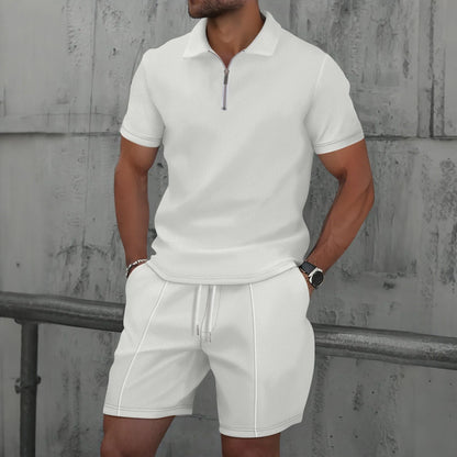 2025 Men's Summer Waffle Knit Short Set – Solid Color Zip-Up Lapel Shirt & Shorts | European & US Style