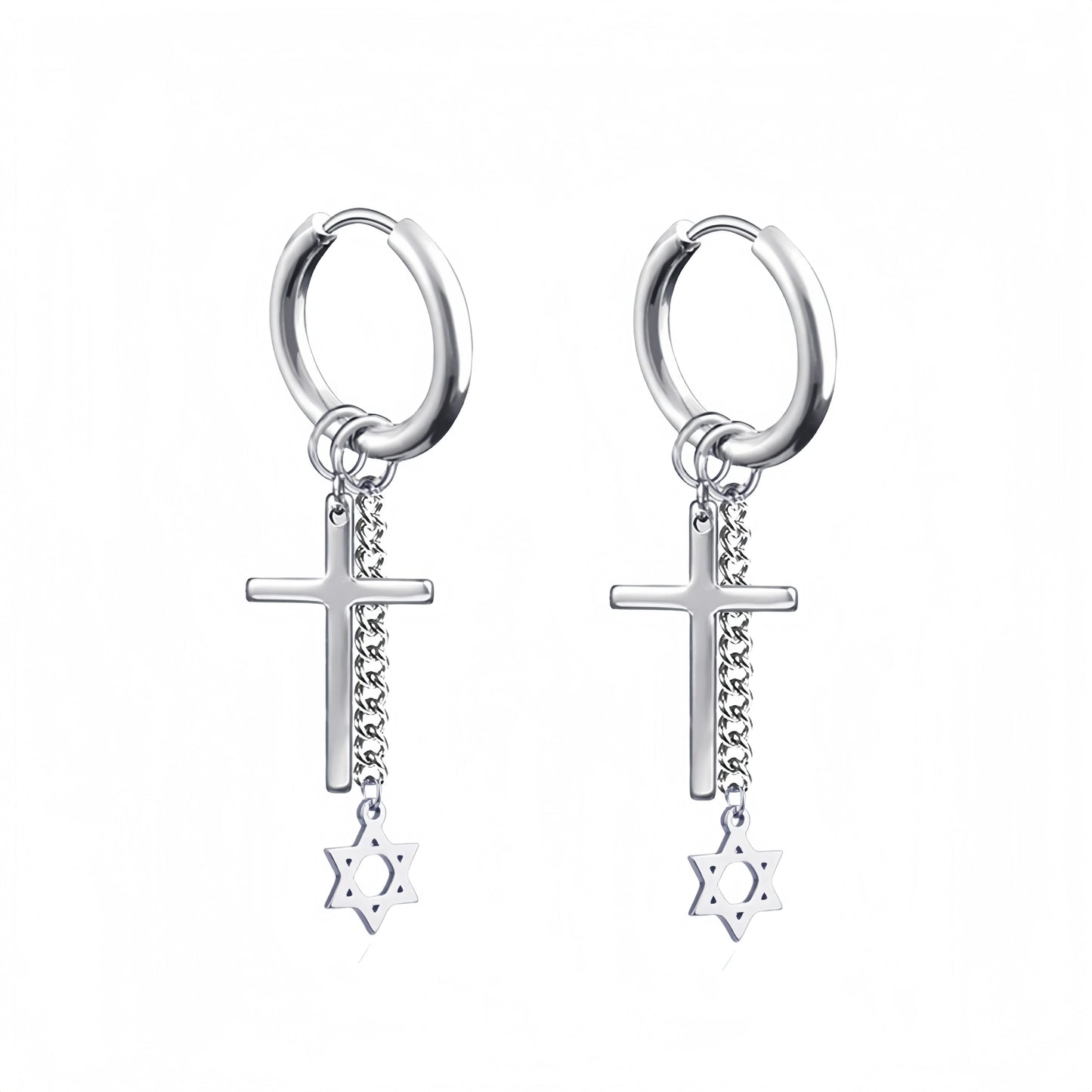 Long Hanging Cross & Leaf Hoop Earrings – Vintage Stainless Steel Hip Hop Unisex Jewelry Accessories