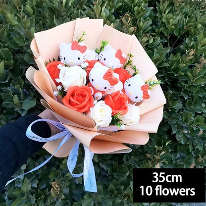 Hello Kitty Plush Bouquet — Anime Rose Soap Flowers for Wedding & Home Decor