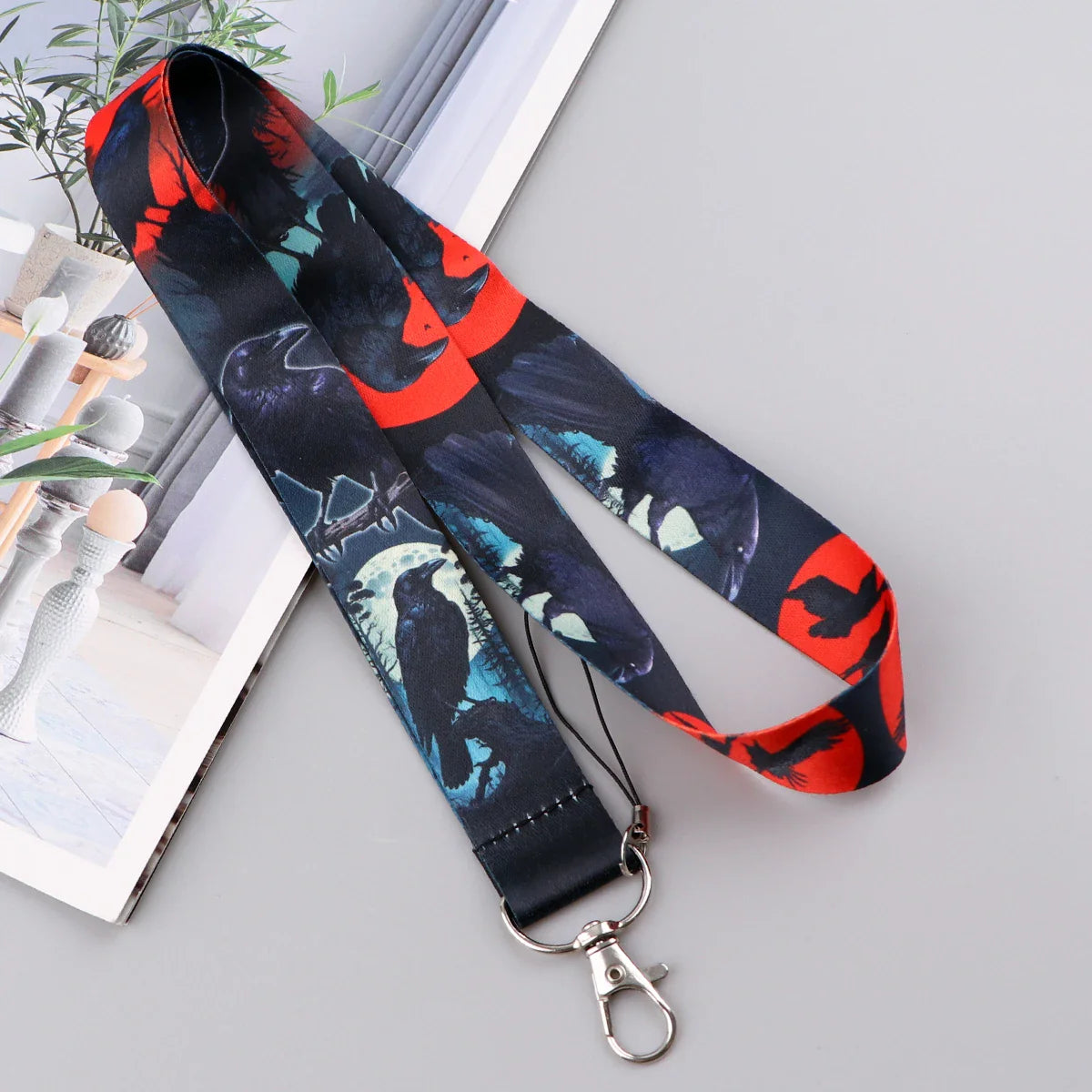 Black Crow Punk Skull Lanyard – Credential Holder Neck Strap for Keys, ID Cards & Phone Accessories, Halloween Gift
