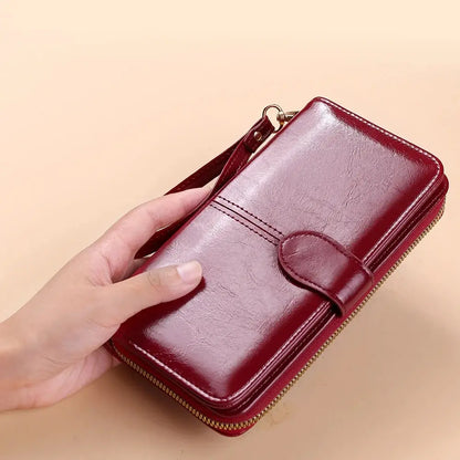 Women’s Vintage PU Leather Clutch Wallet — Large Capacity Phone Purse with Wristband, Simple Card Holder Pouch Bag