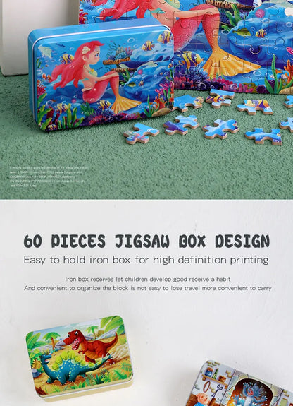 60PCS Cartoon Jigsaw Puzzle with Metal Box – Kids Educational Animal & Vehicle Puzzle Game