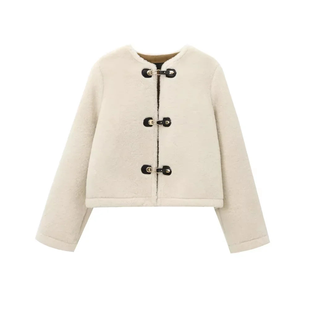 TRAF Women’s Thick Warm Faux Fur Jacket – Long Sleeve Coat with Front Toggle, Chic Fashion Outerwear