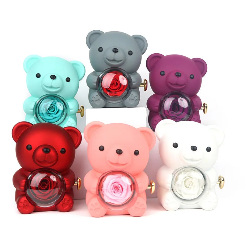 Eternal Rose Teddy Bear Gift Box with Necklace – Rotating Rose Jewelry Storage Case, Perfect for Valentine’s Day or Wedding Gifts for Women and Girlfriend