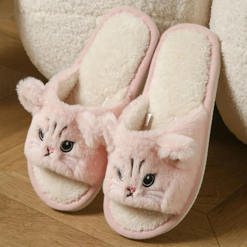 Cute Cat Plush Flip Flops - Warm Fuzzy Cartoon Animal Indoor House Slippers