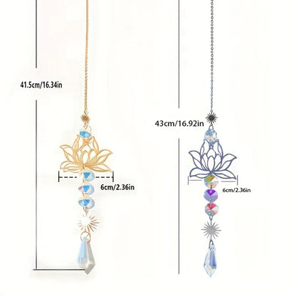 Metal Lotus & Crystal Suncatcher Charm – Handmade Wind Chime Pendant for Home, Garden, and Outdoor Decoration