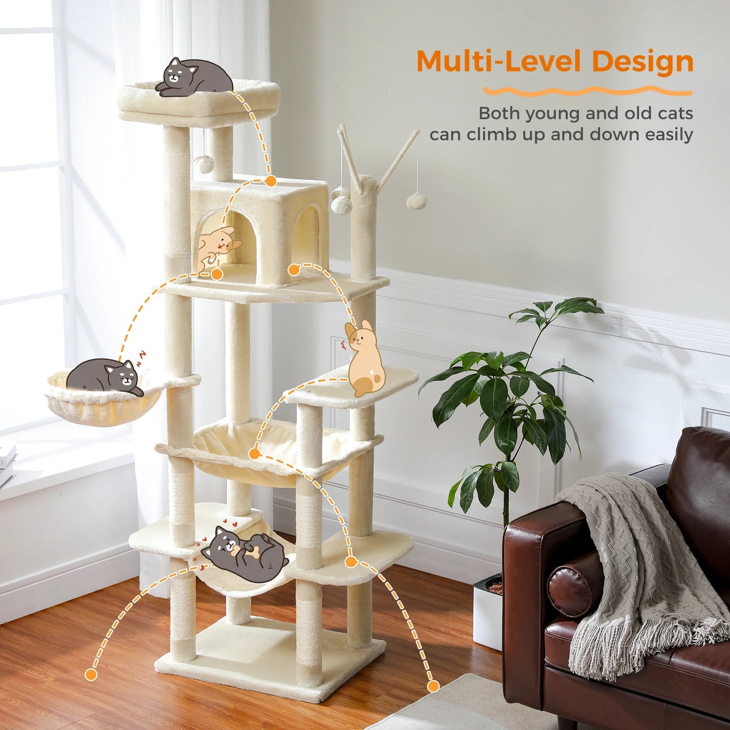 Large Cat Tree Tower – Multi-Level Plush Indoor Cat Condo with Scratching Posts, Boards, Perches & Caves
