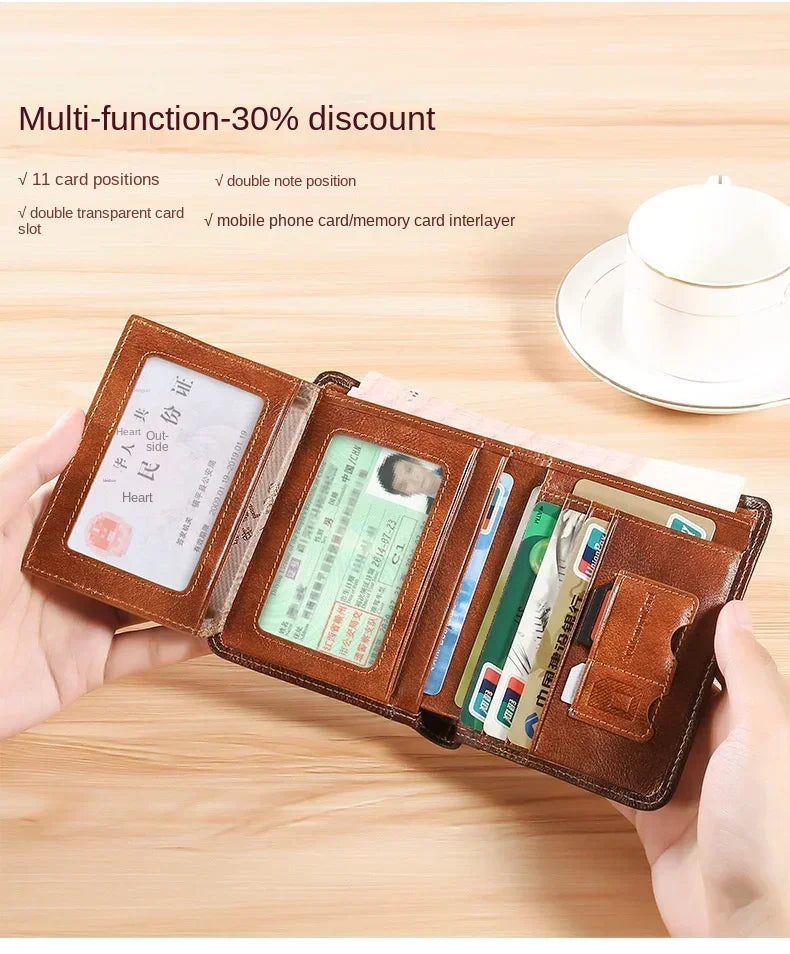 Genuine Leather Men’s Wallet – RFID Blocking Trifold, Vintage Thin ID & Credit Card Holder, Multi-Function Purse