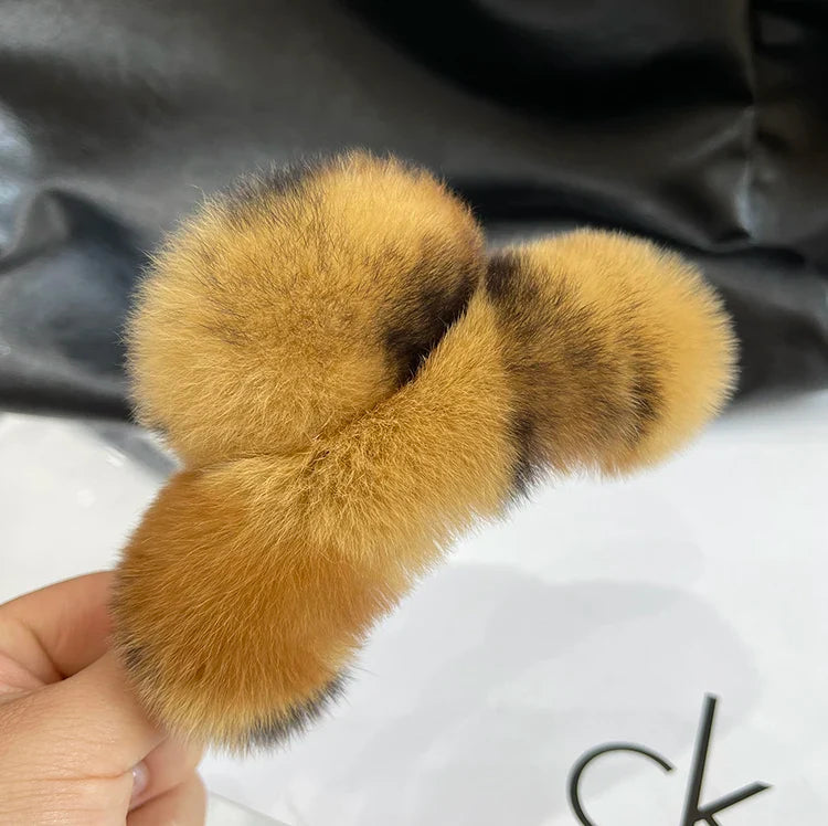 Winter Fuzzy Hair Claw for Women – Warm Fluffy Natural Rex Rabbit Fur Hair Clip, Elegant Fashion Party Accessory