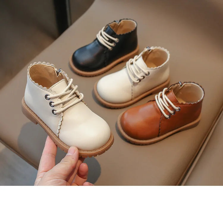 Girls’ Leather Ankle Boots 2024 — Spring & Autumn Lace-Up Side Zipper Rubber Boots, Sizes 21-30
