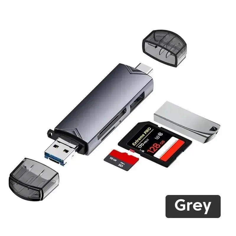 JASTER 6 in 1 Multifunction USB 3.0 Card Reader - Flash Drive Memory Card Adapter for Phones, Laptops, and Computers, Supports TYPE-C/USB/TF/SD