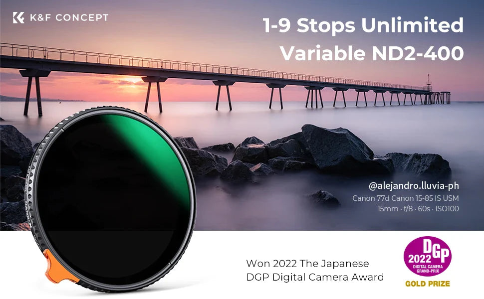 K&F Concept Variable ND Filter ND2–ND400 | HD Adjustable Neutral Density Lens Filter, 49mm–82mm