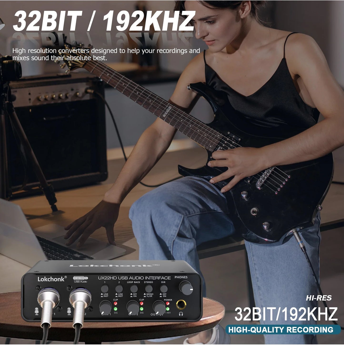 UX22 Audio Interface Sound Card – 32-bit/192KHz AD Converter for Electric Guitar, Live Recording, Studio Singing & Podcast