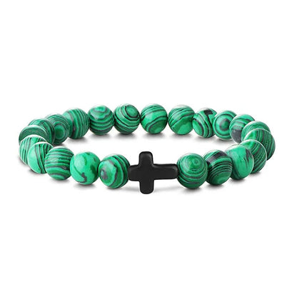 Natural Stone & Wood Bead Rosary Bracelet - Hematite Cross Meditation & Yoga Jewelry for Men & Women