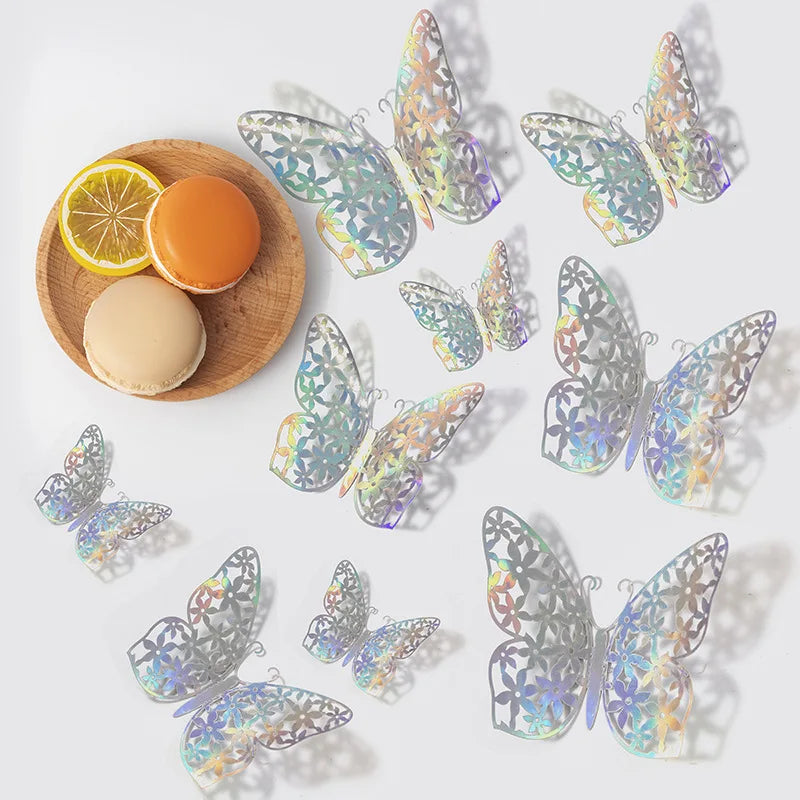 12PCS 3D Hollow Butterfly Wall Stickers – Gold, Silver & Rose Decorative Decals for Wedding, Living Room & Home Decor