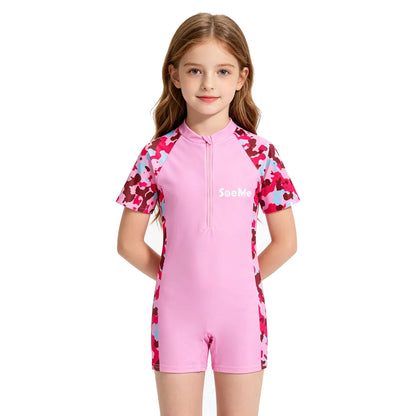 Girls' Pink One-Piece Swimsuit - Cute Short-Sleeve Kids Beach Swimwear for Ages 3–10