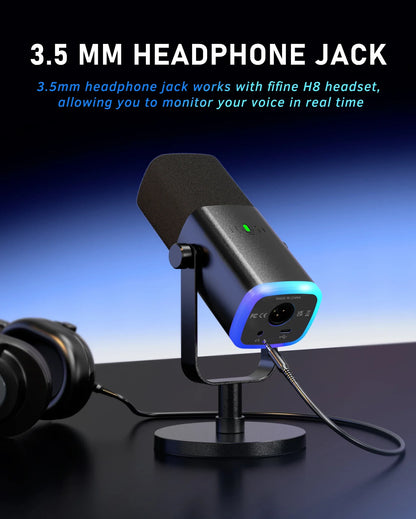 FIFINE AM8 USB/XLR Dynamic Microphone with Touch Mute, Headphone Jack & I/O Controls for PC, PS5/PS4, Gaming & Mixer