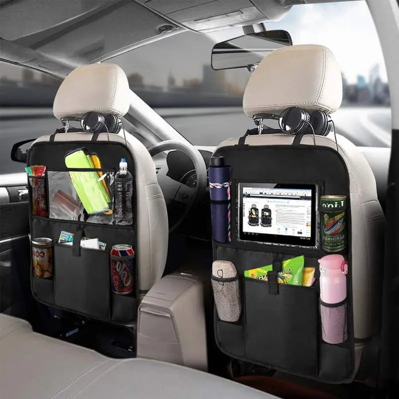Car Backseat Organizer with Touch Screen Tablet Holder - Auto Storage Pockets & Seat Protectors