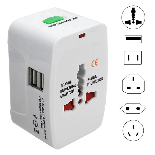 All-in-One International Plug Adapter — AU, US, UK, EU Converter with 2 USB Ports for World Travel
