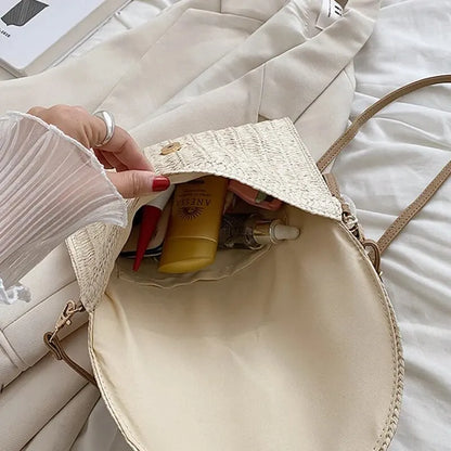 Handmade Straw Beach Bag – Small Woven Summer Shoulder Crossbody Clutch with Hair Ball