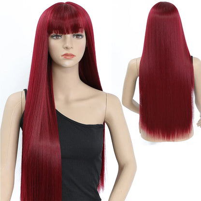 Long Straight Black Wig with Bangs - Synthetic, Heat-Resistant Hair for Women - Lolita Red Pelucas for Daily Wear and Cosplay