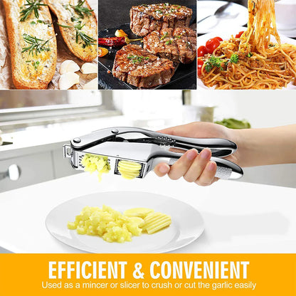 Stainless Steel 2-in-1 Garlic Press and Slicer – Handheld Garlic Crusher Mincer Kitchen Tool