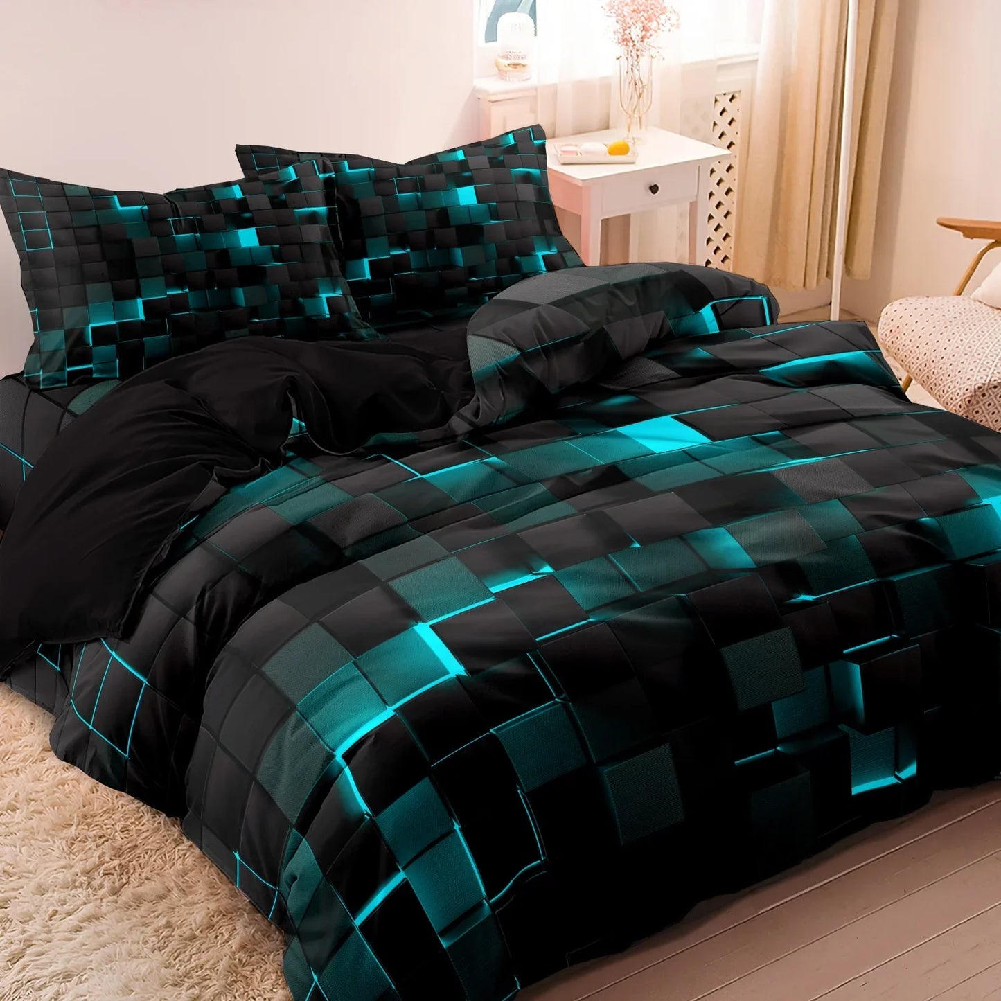3PCS Geometric Grid Duvet Cover Set - Soft Plaid Bedding with 2 Pillowcases
