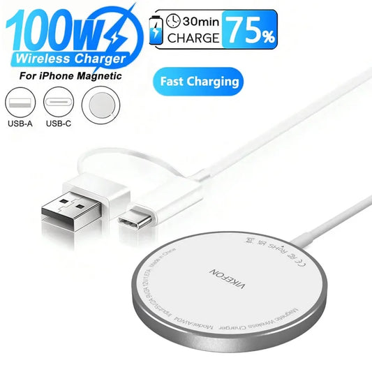 100W Magnetic Wireless Charger Pad with USB & Type-C — Fast Charging Dock for MagSafe iPhone 16/15/14/13/12 Pro Max