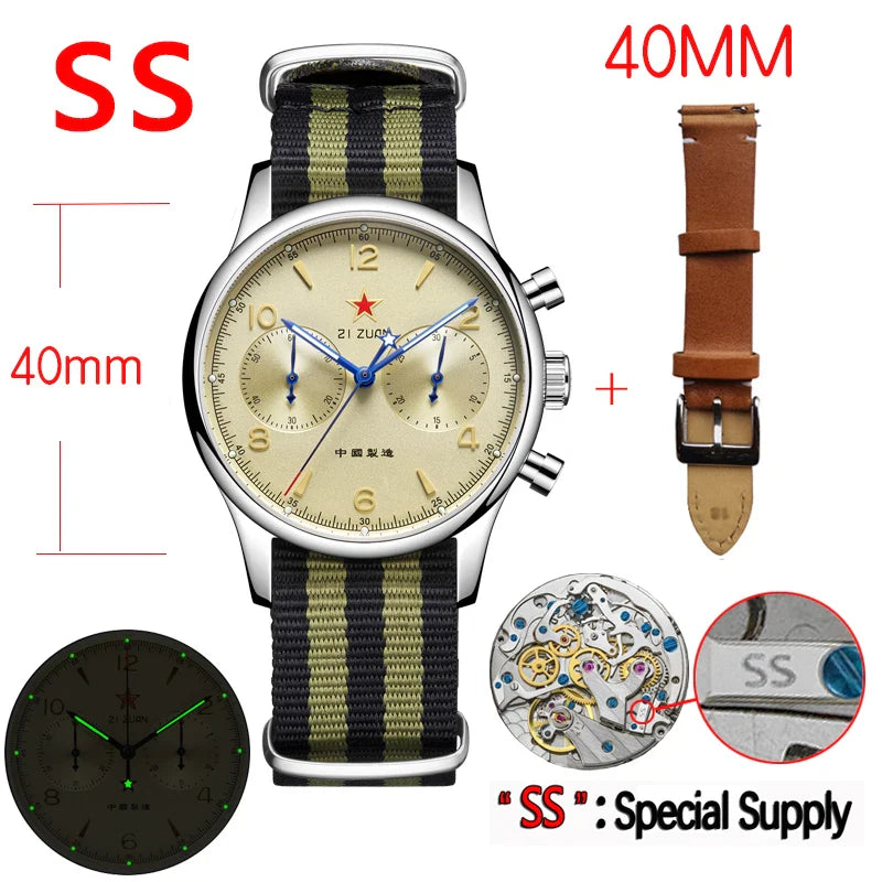 40mm 1963 Pilot Aviation Mechanical Chronograph — Original Seagull ST1901 Movement Men's Sapphire Vintage Watch