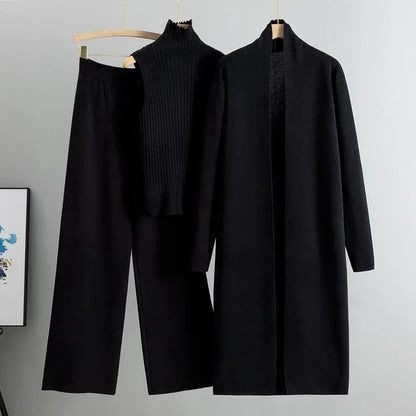Spring Autumn 3-Piece Women's Cardigan Tracksuit - Fashion Knitted Pant Set, Ladies Sweater Suit, Vintage Style 3-Piece Set