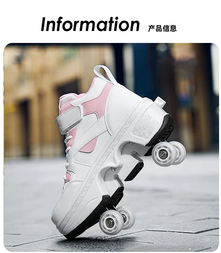 Women's High-Top 4-Wheel Roller Shoes – Fashionable Unisex Pop-Up Sneakers with Wheels, Dual-Purpose Skating & Casual Shoes