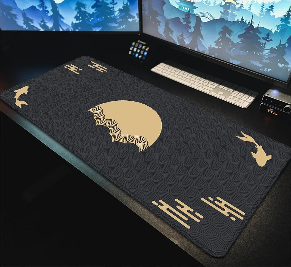 Japanese XXL Desk Mat 90x40 — Black & Red Koi Fish Gaming Mouse Pad, Sunrise Art Rubber Mousepad