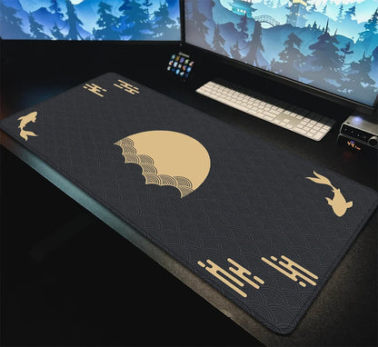 Japanese XXL Desk Mat 90x40 — Black & Red Koi Fish Gaming Mouse Pad, Sunrise Art Rubber Mousepad