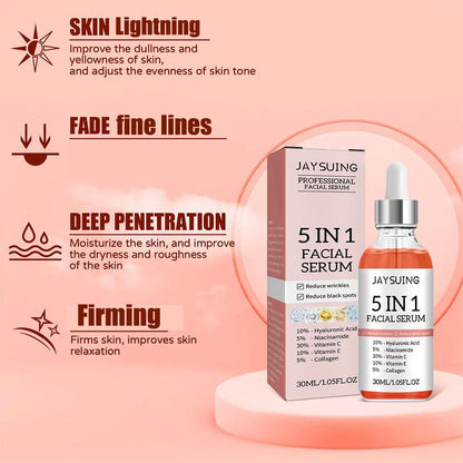 5-in-1 Firming Face Serum – Moisturizing and Brightening with Vitamin C and Hyaluronic Acid, Reduces Fine Lines and Shrinks Pores