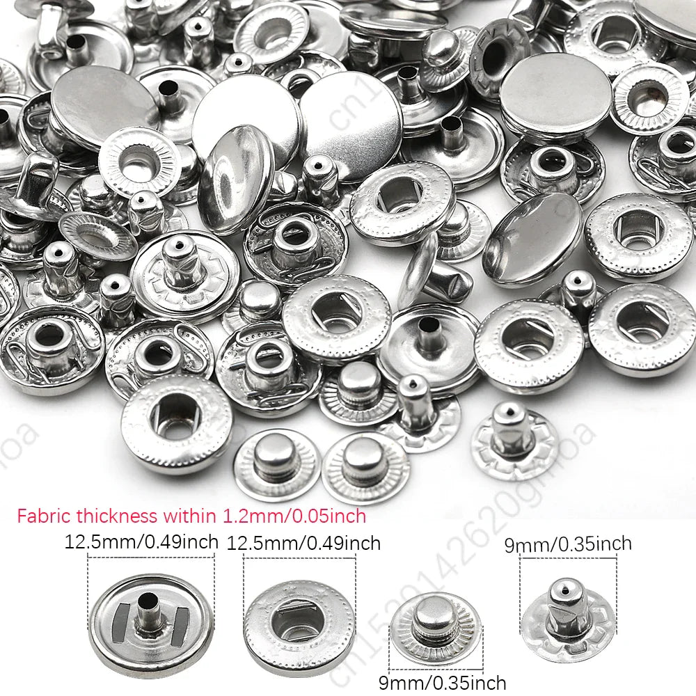 10mm, 12.5mm & 15mm Stainless Steel Snap Fasteners – Sewing Buttons for Clothing, Jackets & Leather Crafts