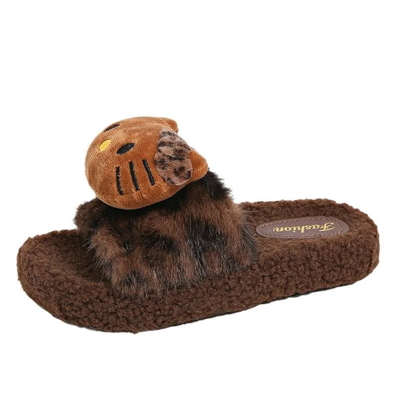 Kawaii Hello Kitty Leopard Print Fluffy Slippers – Women’s Cozy Non-Slip Indoor Cotton Slippers