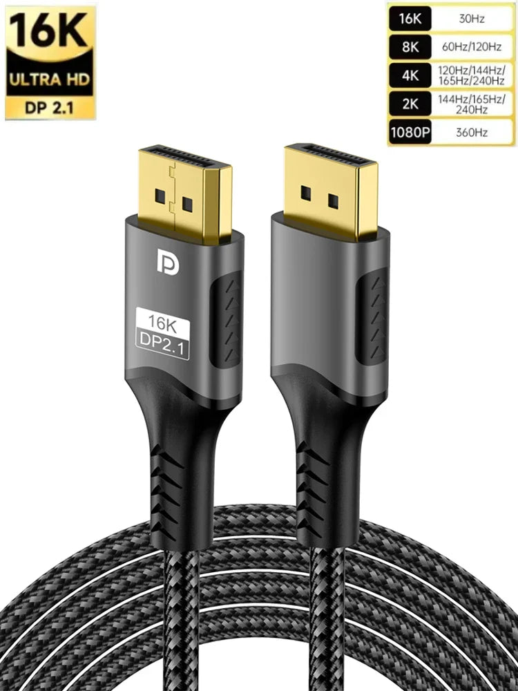 16K DisplayPort 2.1 Cable – 8K@120Hz, 4K@240Hz, 80Gbps HDR Video & Audio for Laptop, TV, Xbox, Projector, Gaming Monitor