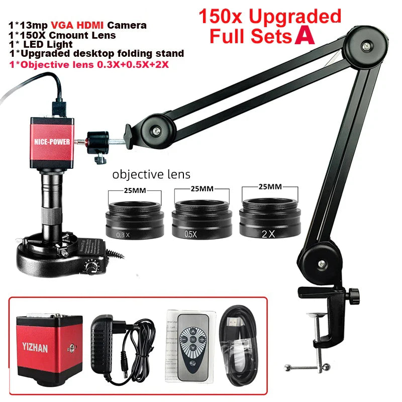 1080P 4K Industrial Microscope – 150X C-Mount Lens with 48MP/13MP Digital Camera, HDMI/USB-C/VGA for PCB Soldering & DIY