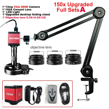 1080P 4K Industrial Microscope – 150X C-Mount Lens with 48MP/13MP Digital Camera, HDMI/USB-C/VGA for PCB Soldering & DIY
